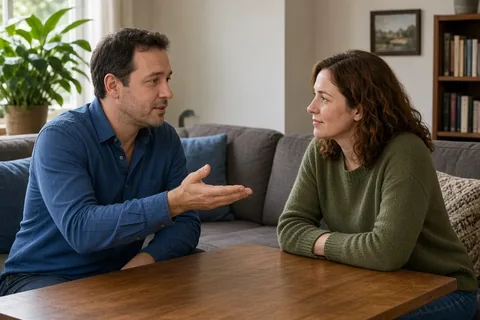 The man in his mid-thirties with short dark hair and light facial stubble in a blue collared shirt and dark trousers sitting at a wooden table gesturing toward a wall clock while the woman in her late