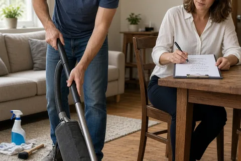 A man vacuuming the carpet in a living room while a woman writes on a clipboard at the table
