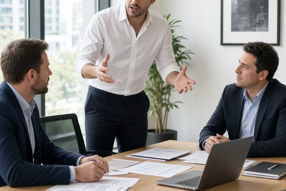 A clearly adult man in his early thirties with short dark hair wearing a white collared shirt and dark trousers standing and gesturing while speaking directly in a business meeting with colleagues at 