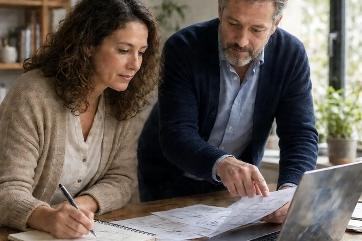 Two adults seated at a wooden table in a bright modern workspace, one sketching ideas on paper and the other reviewing documents and a laptop.
