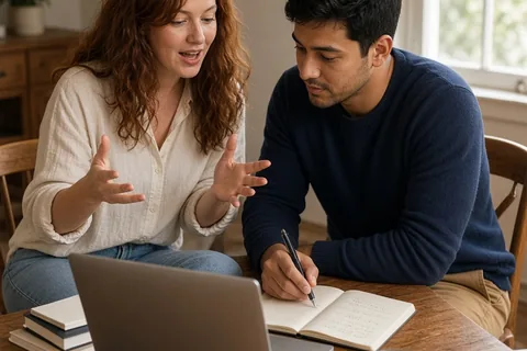 The woman gestures as she speaks to her partner who examines a laptop and takes notes at the dining table in a living room.