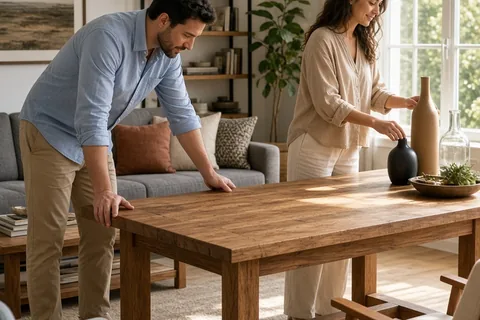 A man and a woman in a sunlit living room with furniture, one inspecting a sturdy table and the other arranging decorative items.