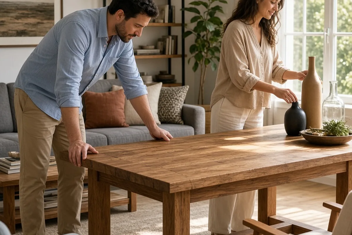 A man and a woman in a sunlit living room with furniture, one inspecting a sturdy table and the other arranging decorative items.