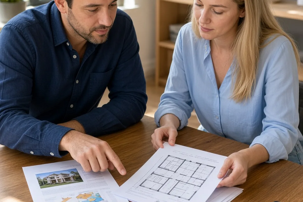 A man and a woman in a real estate office reviewing house plans at a table with one pointing to a document