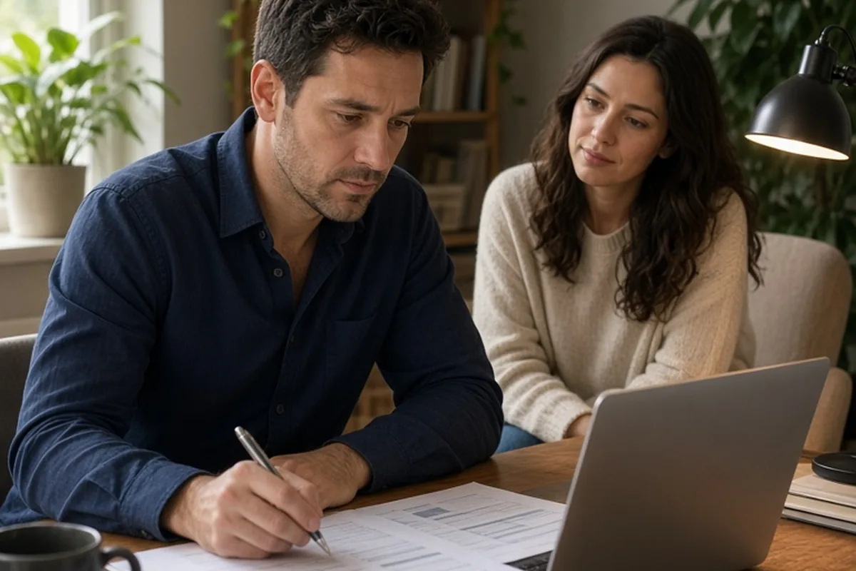 A Capricorn man in his thirties with short dark hair sitting at a desk in a home office reviewing financial documents on his laptop, with a Cancer woman in her late twenties with wavy dark hair seated