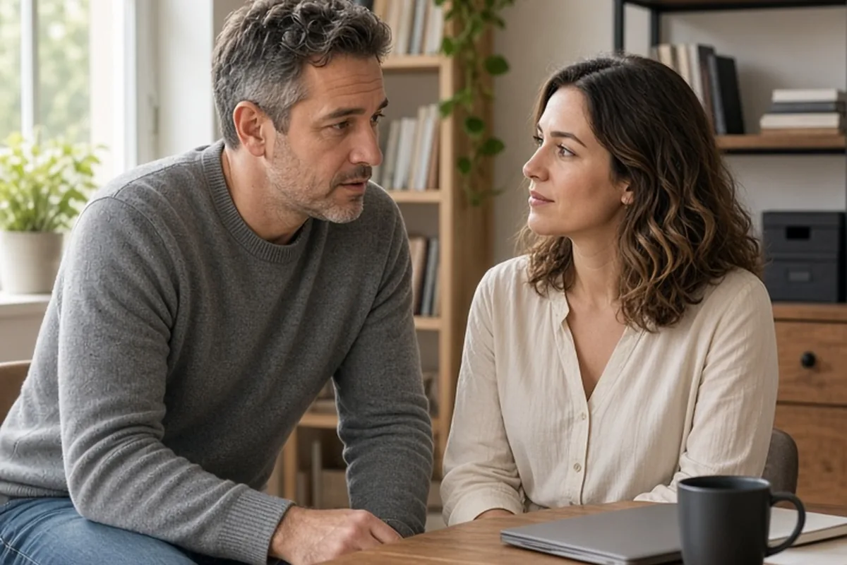 A couple in a home office engaged in a calm conversation about relationship boundaries