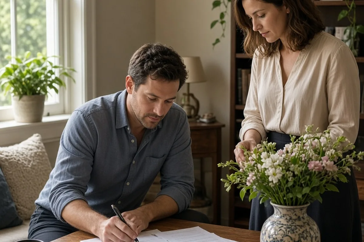 A man at a desk reviewing bills and organizing papers in a home office while a woman arranges flowers in a vase beside him