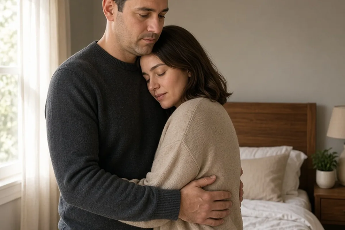 A man with short black hair and light stubble standing in a bedroom as a woman with shoulder-length brown hair leans her head on his chest, his hand on her back.