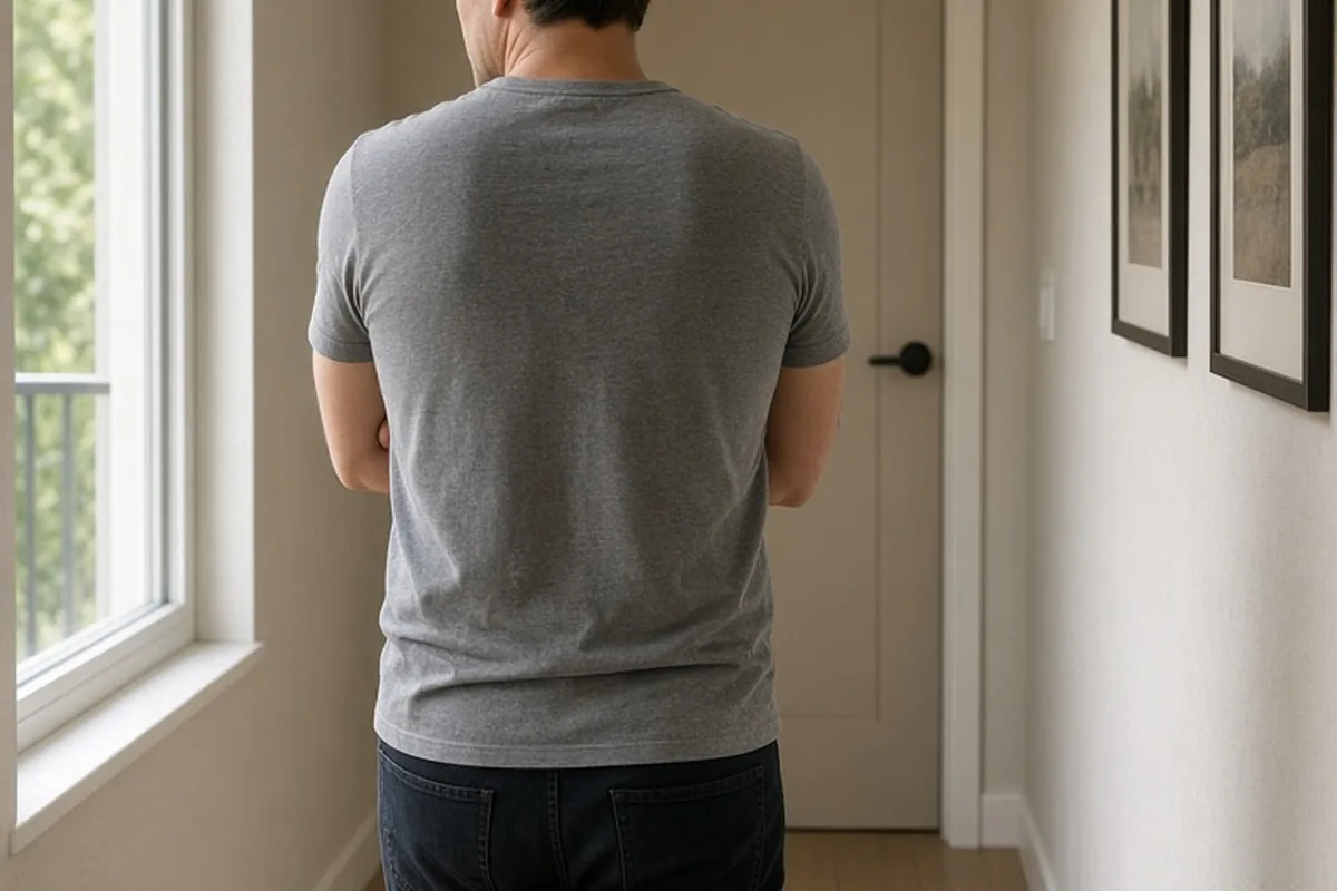 A man with his back to the camera walking away down a hallway in a modern apartment, heading towards a closed door.