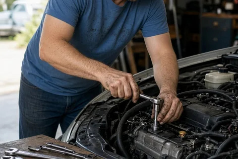 A man in his mid-thirties with grease on his hands using a wrench to inspect a car engine in a garage.