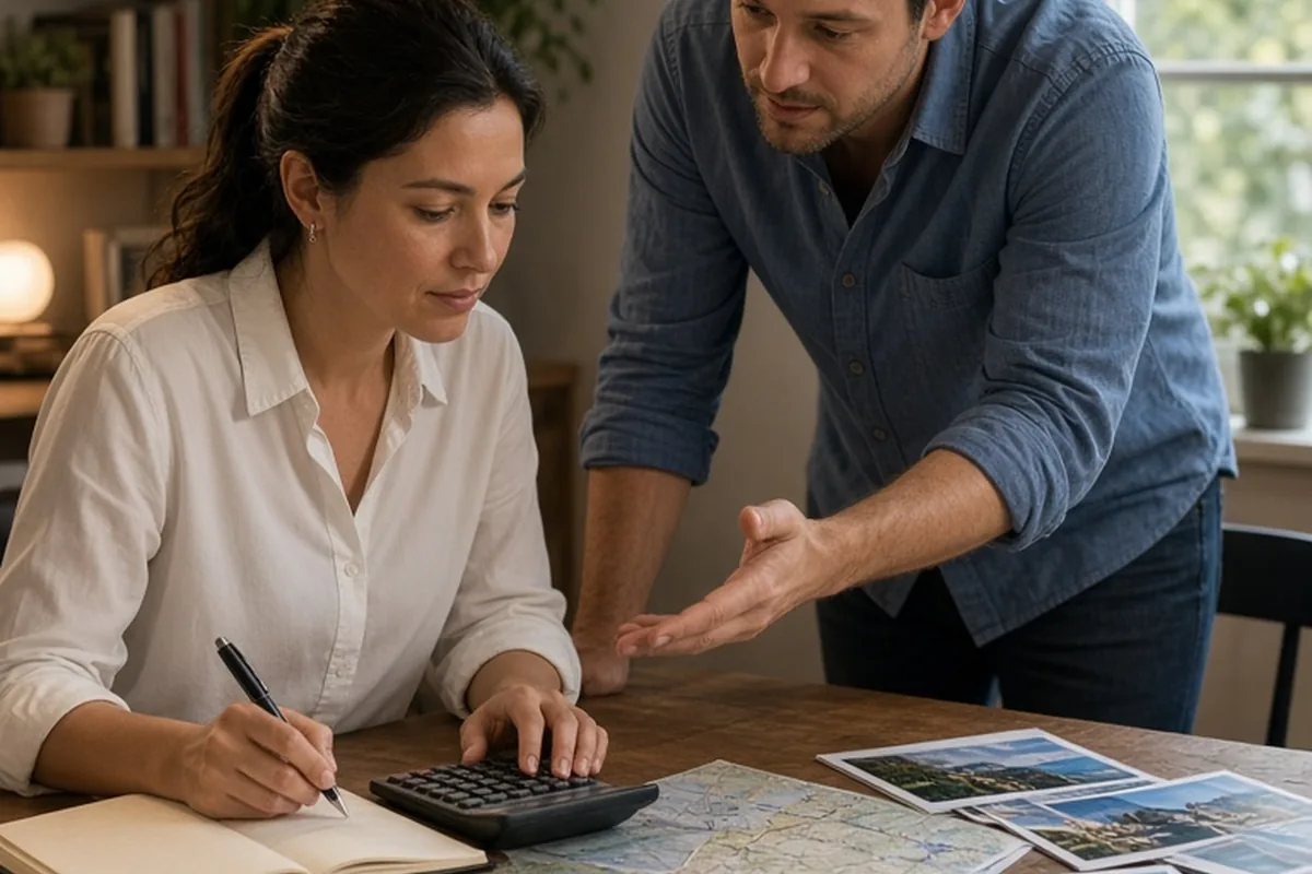 The Capricorn woman calculating trip details at her home office desk with a calculator and planner while the Gemini man gestures at a travel map and brochures