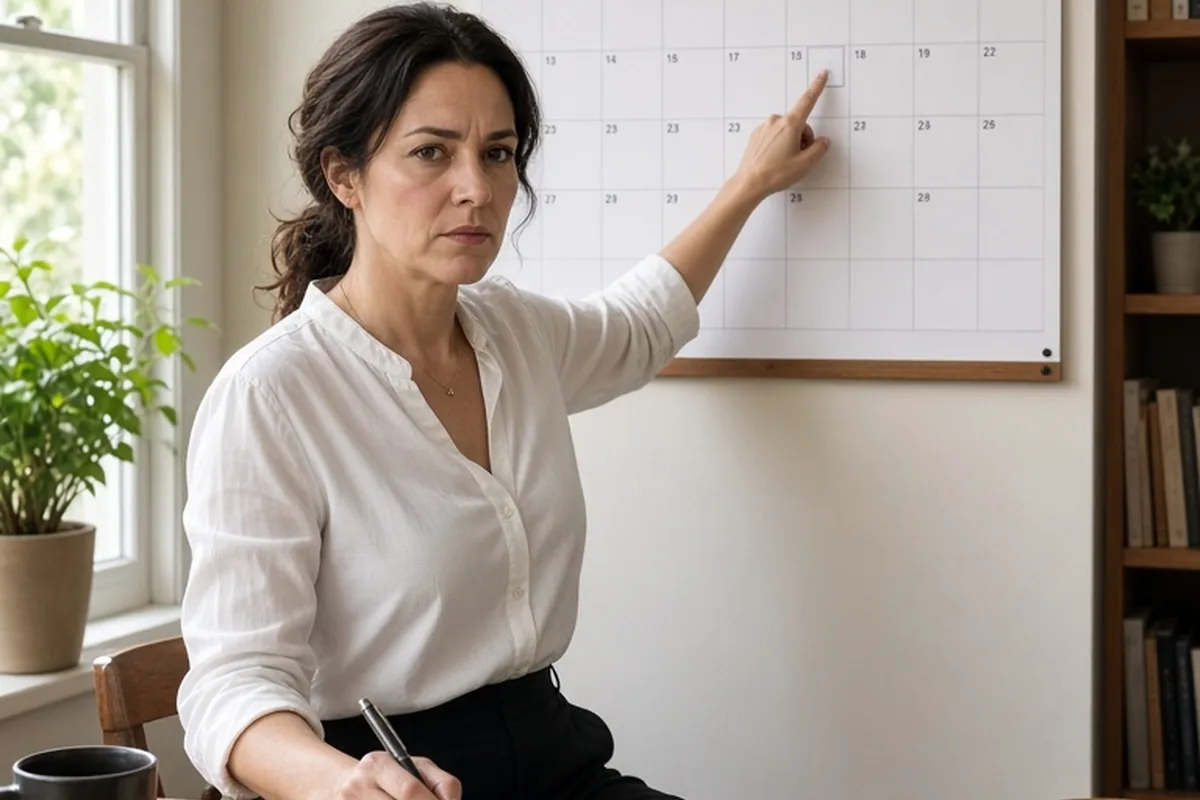 A woman in her mid-thirties with wavy brown hair pointing at a calendar on her desk in a home office.