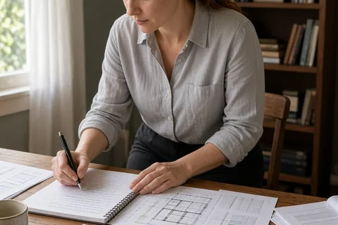 A woman with auburn hair in a ponytail writing renovation planning documents at a desk with papers and pens spread out