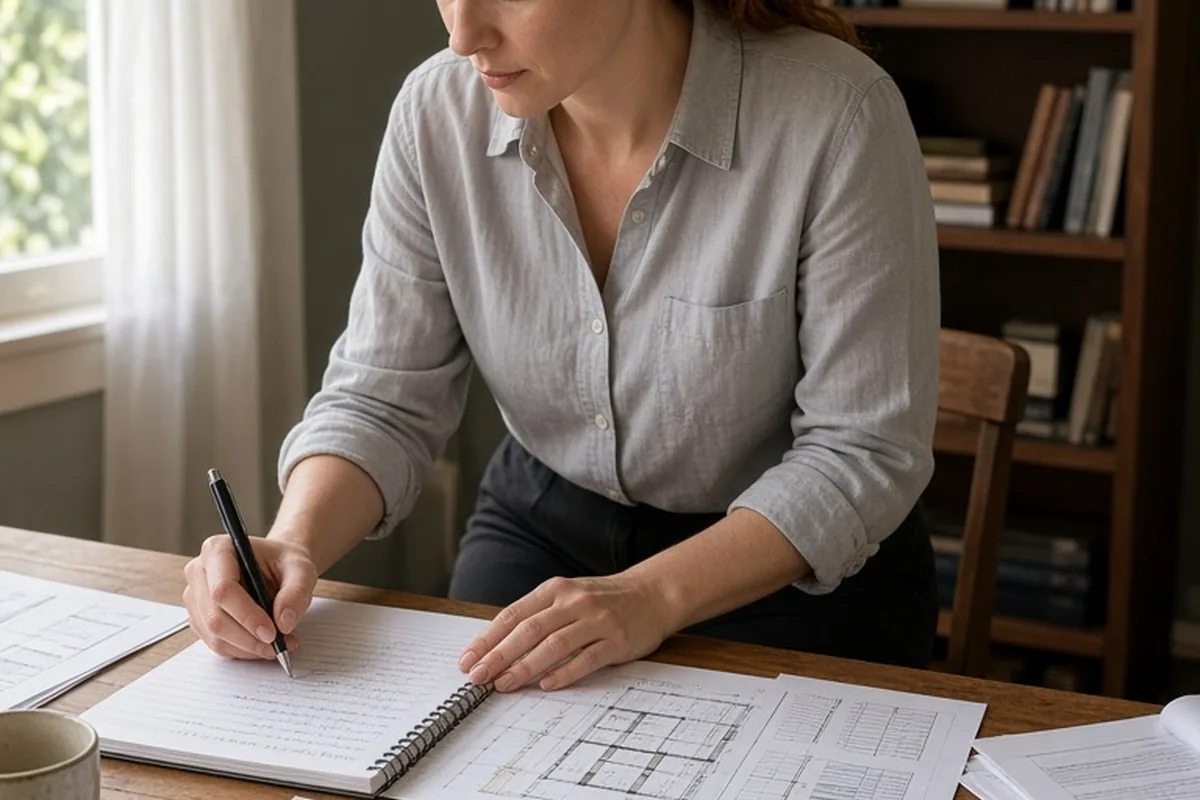 A woman with auburn hair in a ponytail writing renovation planning documents at a desk with papers and pens spread out