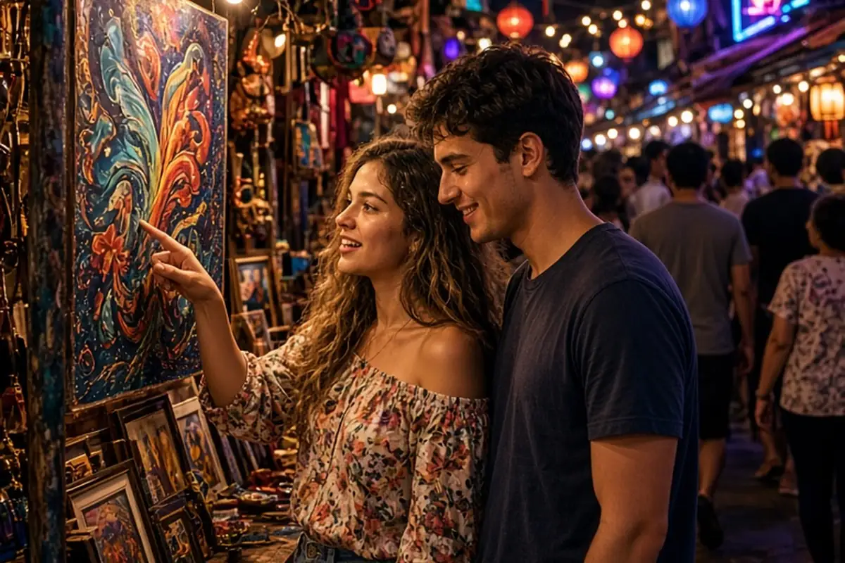 A couple at a night market, the woman pointing at an art stall and the man smiling in response