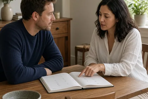 A man and a woman in their mid-thirties seated at a wooden table in a home with an open calendar between them, the woman pointing at the calendar while the man listens attentively