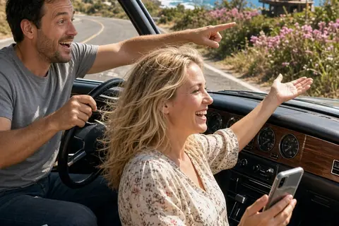 A man with short dark hair driving a convertible car on a coastal highway while a woman with blonde hair in the passenger seat holds her phone and points at a scenic attraction in the distance