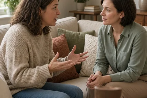 A mid-thirties woman with shoulder-length wavy brown hair wearing a cozy sweater and jeans sits on a couch gesturing while speaking to a mid-thirties woman with short straight brown hair wearing a sim