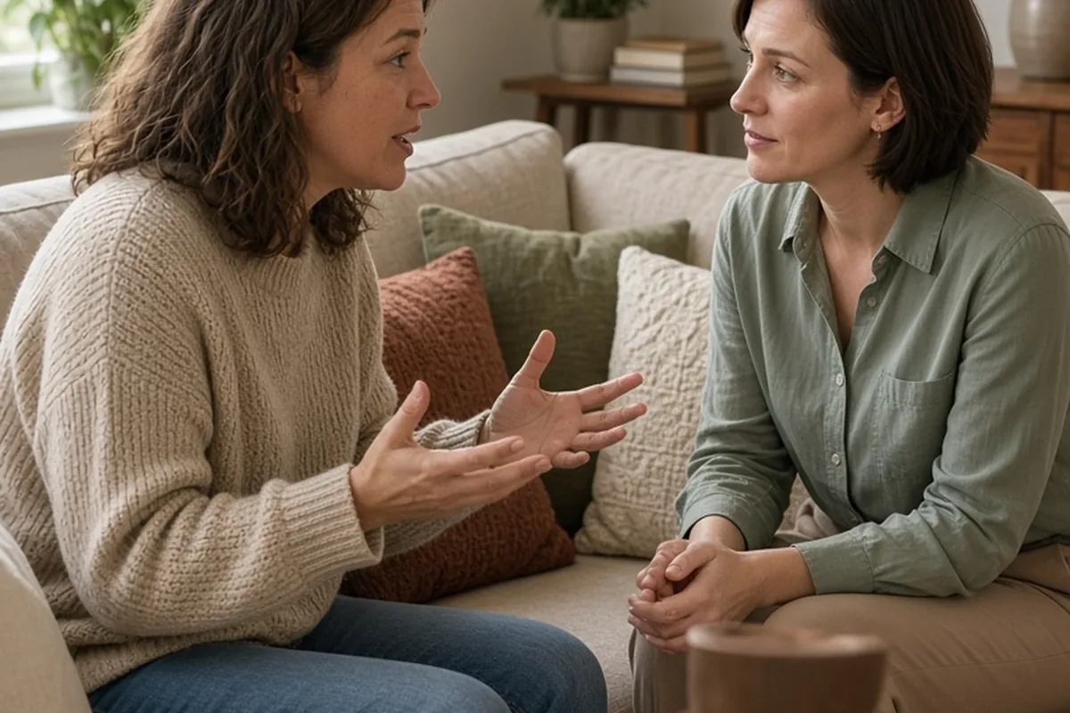 A mid-thirties woman with shoulder-length wavy brown hair wearing a cozy sweater and jeans sits on a couch gesturing while speaking to a mid-thirties woman with short straight brown hair wearing a sim