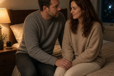 A man sitting on a bed in a bedroom leaning toward his partner as he asks her how her week has been while she sits beside him smiling