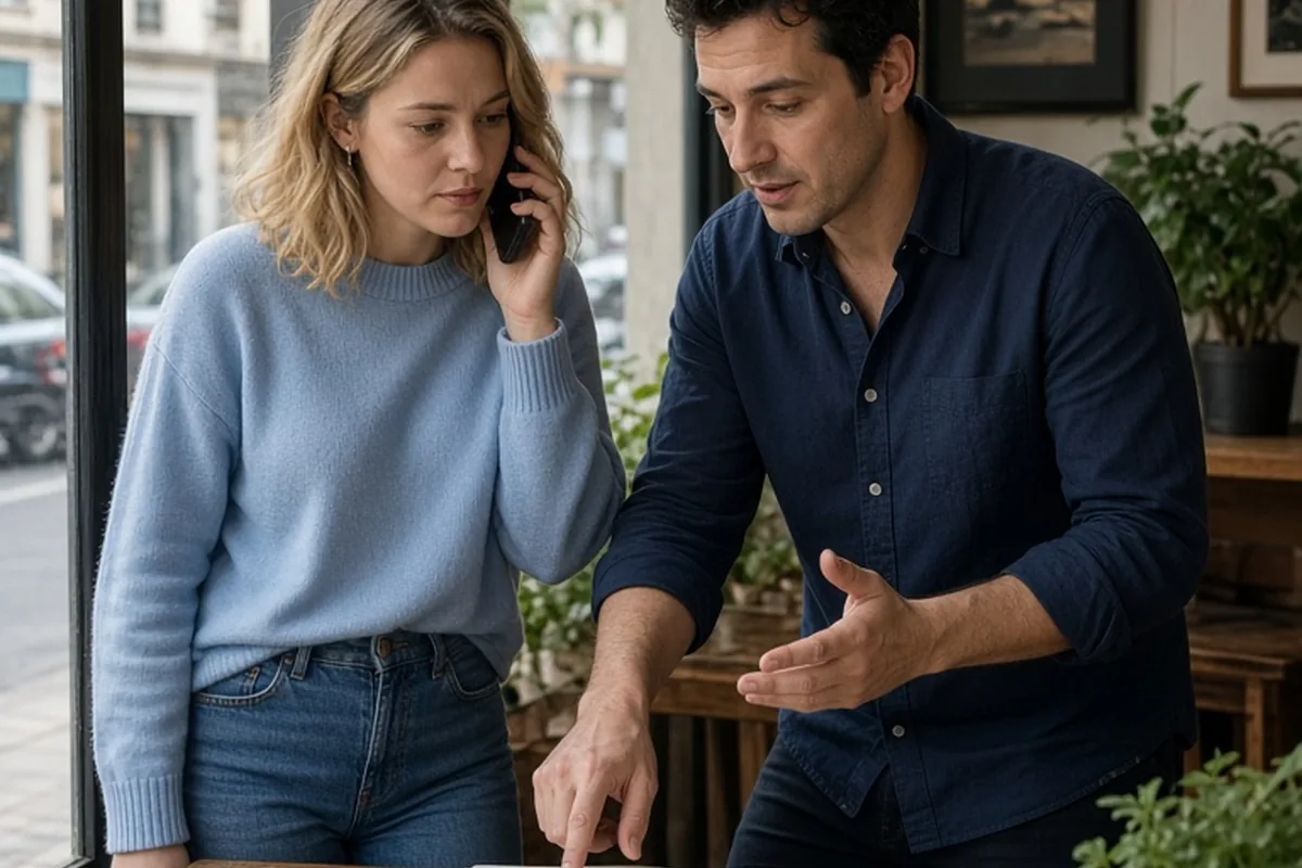 A woman on the phone at a cafe table making a restaurant reservation while a man points at the menu and suggests options in a cozy cafe with large windows