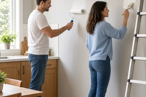 A man and a woman painting a wall together in a bright kitchen as part of their home renovation project