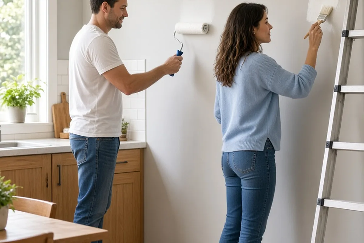 A man and a woman painting a wall together in a bright kitchen as part of their home renovation project