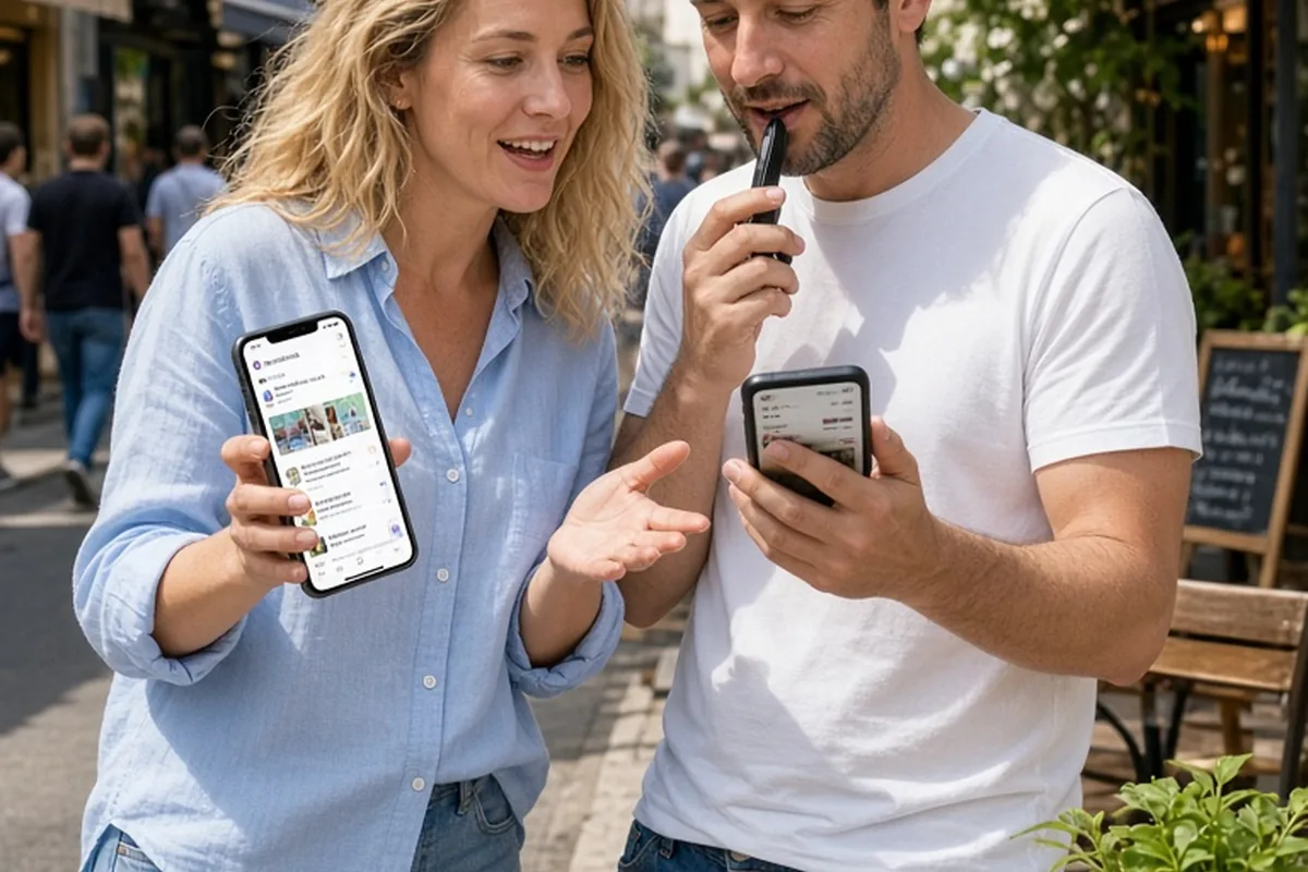 A woman with wavy blonde hair and a man with short dark hair in casual clothes standing on a city street the woman pointing at her phone screen with travel ideas and the man talking on his phone