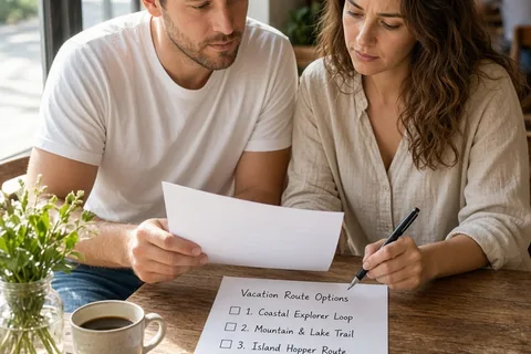 Two adults at a cafe table discussing vacation options and narrowing them to three choices with a pen on paper lists.
