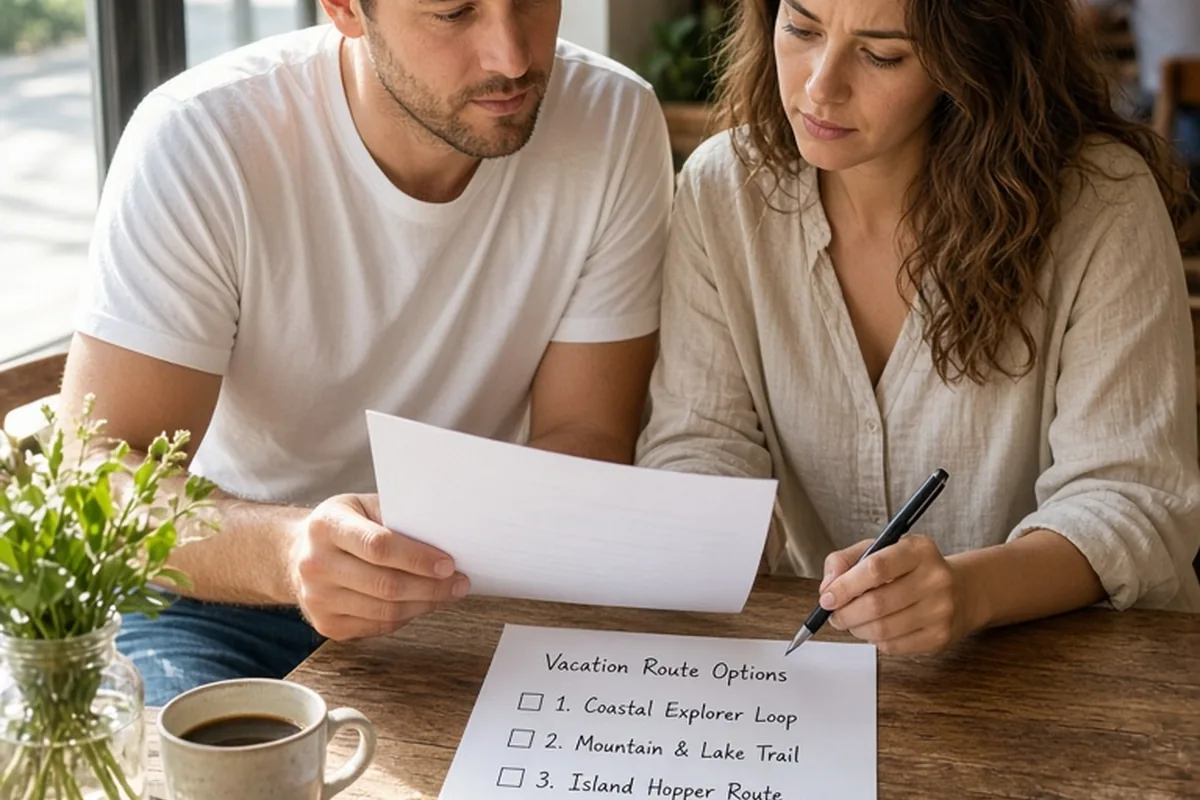 Two adults at a cafe table discussing vacation options and narrowing them to three choices with a pen on paper lists.