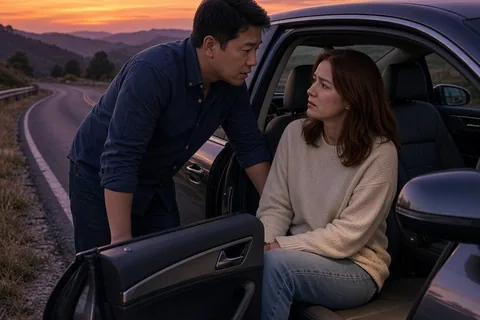 A man in a blue shirt leaning into a car at dusk on a country road, speaking to a woman sitting inside who is listening attentively.