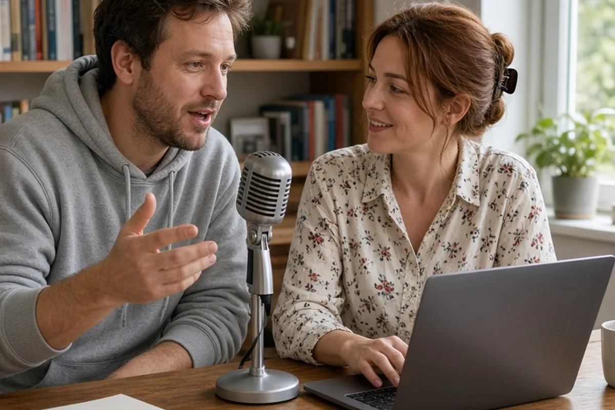 Two adults collaborating on a podcast at a desk with a microphone and laptop in a home office