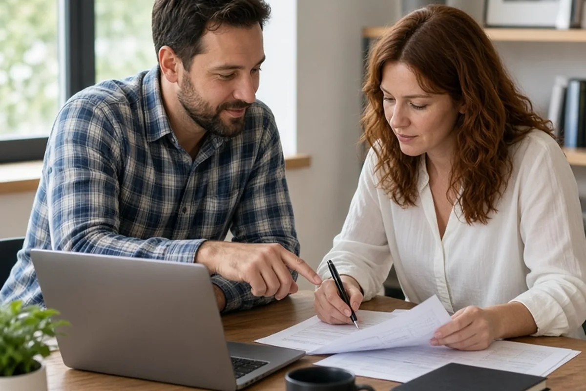Two adults in a home office collaborating at a desk with a laptop and documents, one gesturing and the other taking notes.