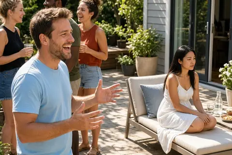 A man in his early thirties with short brown hair wearing a light blue t-shirt and shorts chatting with friends on a patio while a woman in her mid-twenties with long straight black hair wearing a whi