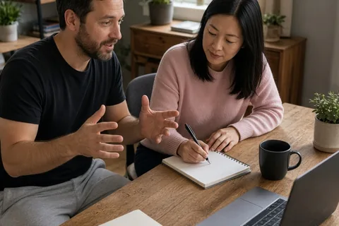 A man with short dark hair and a trimmed beard gesturing at a desk while a woman with straight black hair takes notes, discussing vacation plans in a home office
