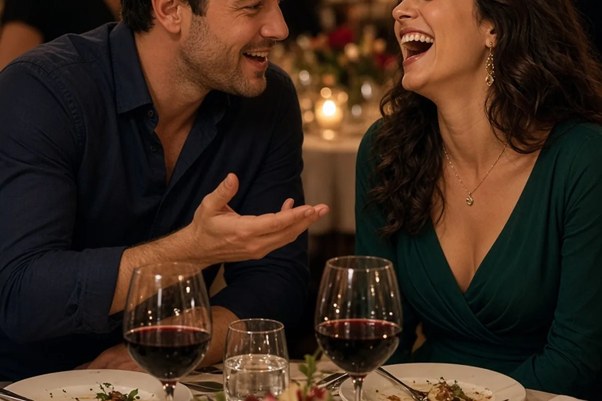 Gemini man with short dark hair and light stubble in navy button-up shirt seated across from woman with wavy brown hair in emerald green dress at a restaurant table, man smiling and gesturing as woman