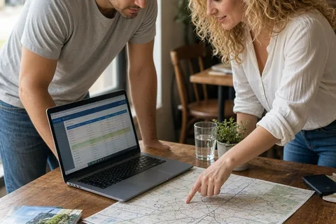A man with short wavy black hair and a woman with curly blonde hair sitting at a wooden table in a bright cafe, the man looking at a laptop and the woman pointing at a travel map