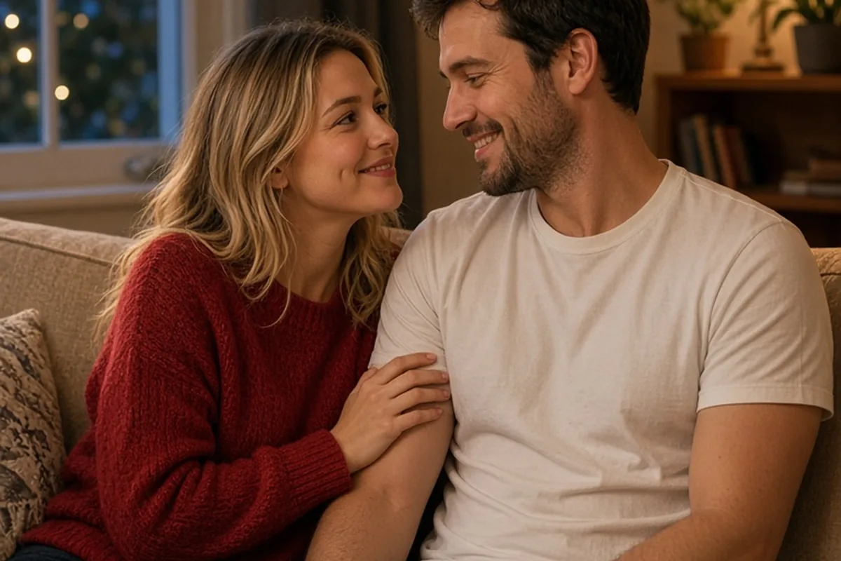 Taurus woman gently touching the arm of the Gemini man who smiles playfully as they sit close together on a sofa in a home living room