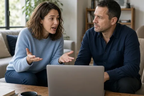 A woman with wavy brown hair gesturing while speaking to a man at a wooden table in a living room