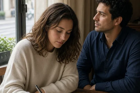 The Gemini woman with wavy brown hair writing on a notepad at a café table while the Pisces man with curly dark hair looks out the window.