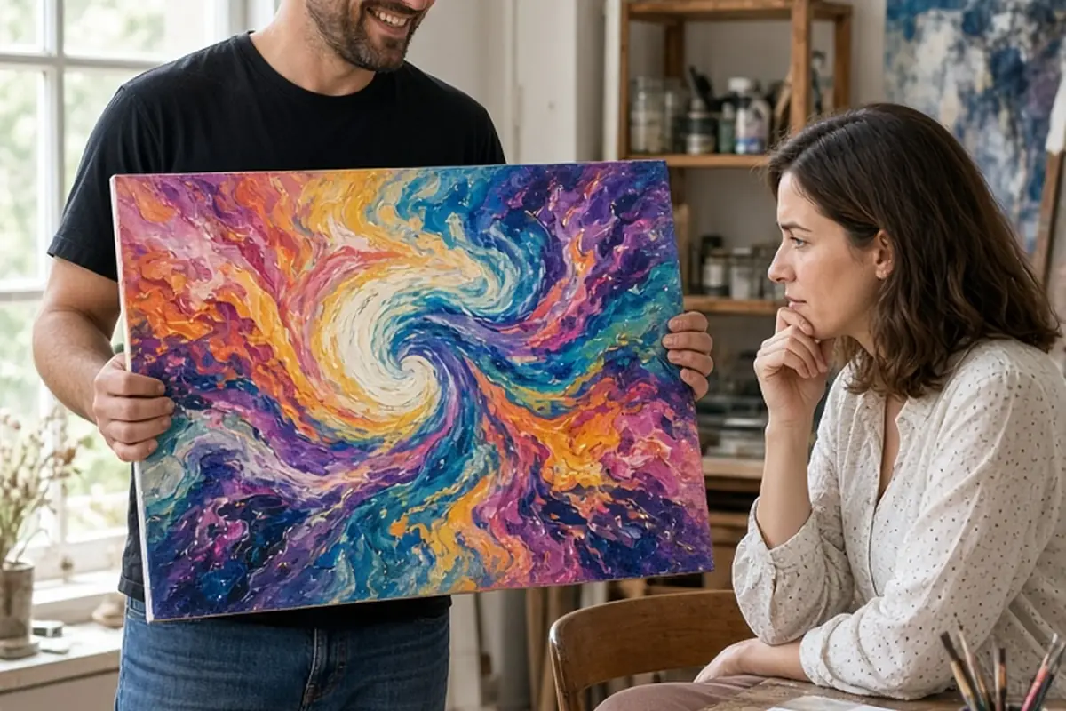 A man holds up a finished abstract painting as a woman sits at a table looking at it analytically in a bright studio.