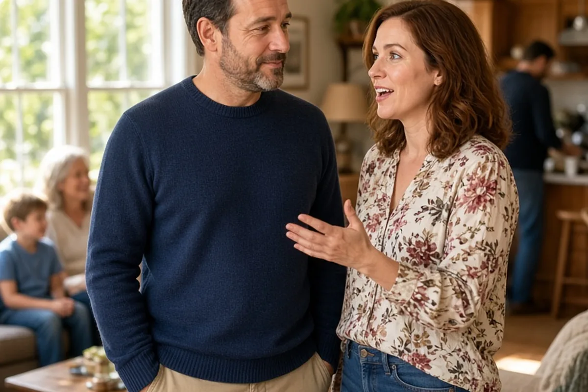 A couple at a family gathering, the woman gesturing as she speaks to her partner who is listening attentively in the main room.