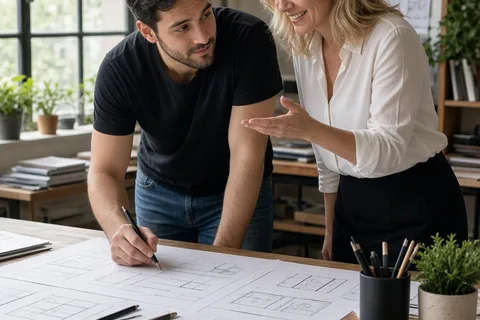 A Leo woman cheerleading her Aries partner as he sketches business ideas at a drafting table in a creative studio
