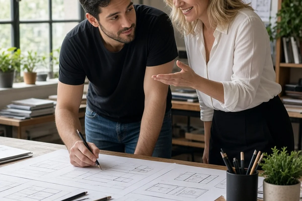 A Leo woman cheerleading her Aries partner as he sketches business ideas at a drafting table in a creative studio