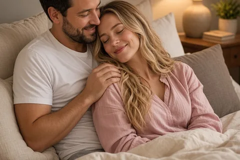 A man and a woman in a bedroom sitting close on the bed, the man gently touching the woman's shoulder as she smiles trustingly at him.