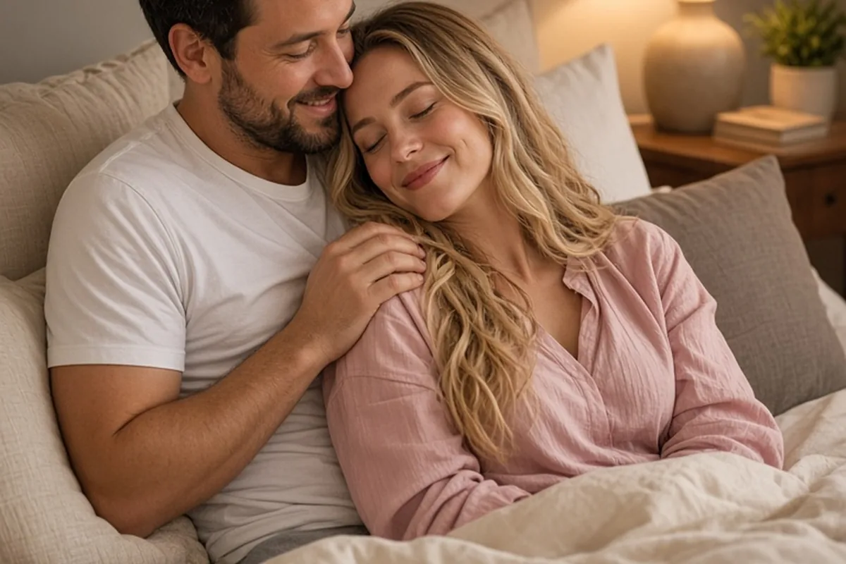 A man and a woman in a bedroom sitting close on the bed, the man gently touching the woman's shoulder as she smiles trustingly at him.