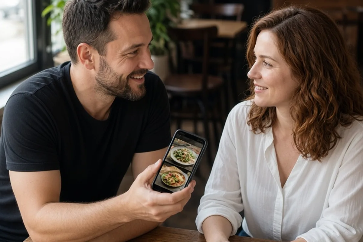 The mid-thirties man with short dark hair and trimmed beard showing two blurred menu options on his smartphone to the early-thirties woman with wavy auburn hair at a cafe table.