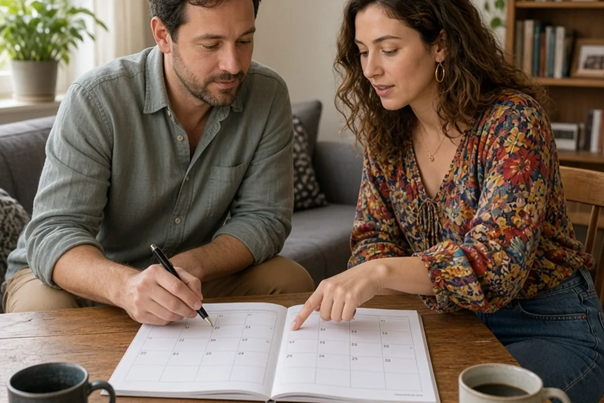 A Leo man and Sagittarius woman sitting at a table with an open calendar, the woman pointing to a date while the man holds a pen and listens.