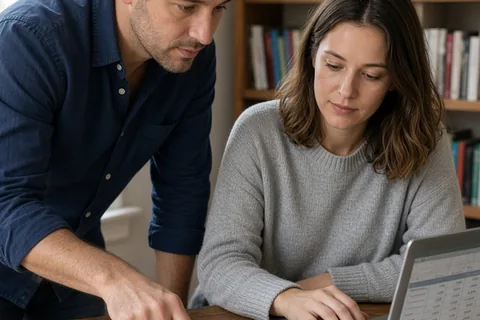 A man in his thirties with short dark hair in a navy shirt points at an open planner on a desk and a woman in her mid-twenties with shoulder-length brown hair in a gray sweater looks at financial spre