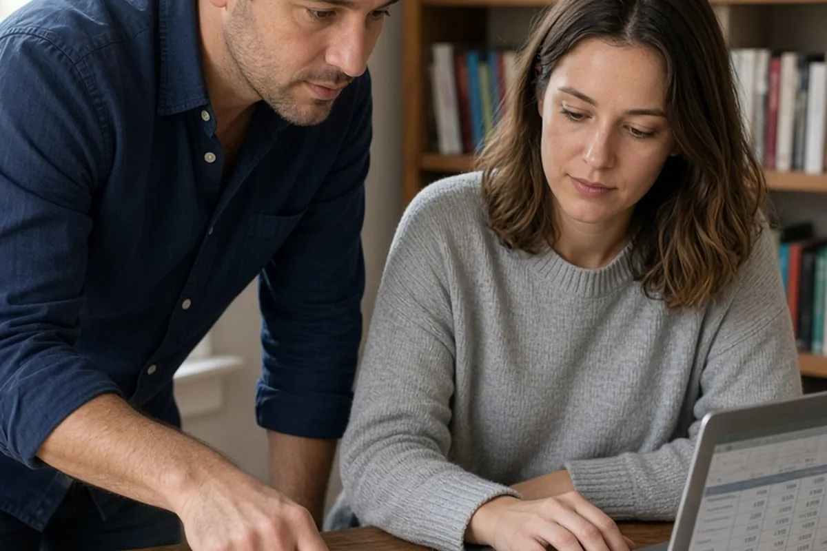 A man in his thirties with short dark hair in a navy shirt points at an open planner on a desk and a woman in her mid-twenties with shoulder-length brown hair in a gray sweater looks at financial spre